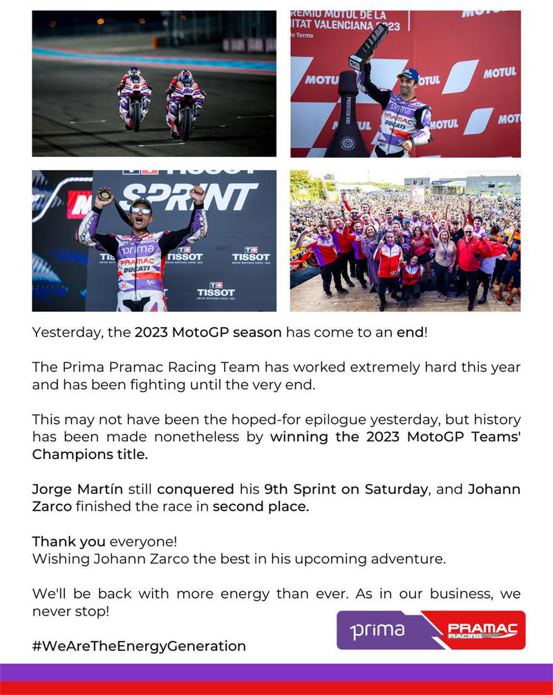 PRIMA PRAMAC RACING - The end of an outstanding MotoGP season